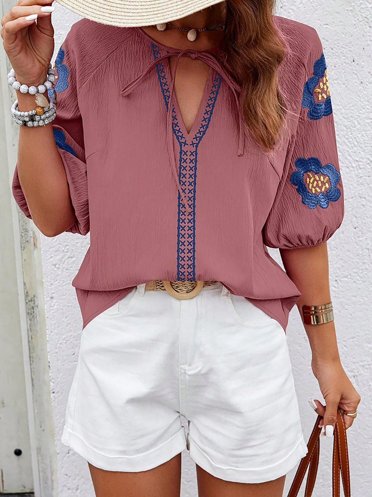 Embroidery Floral Puff Sleeves Casual Blouse