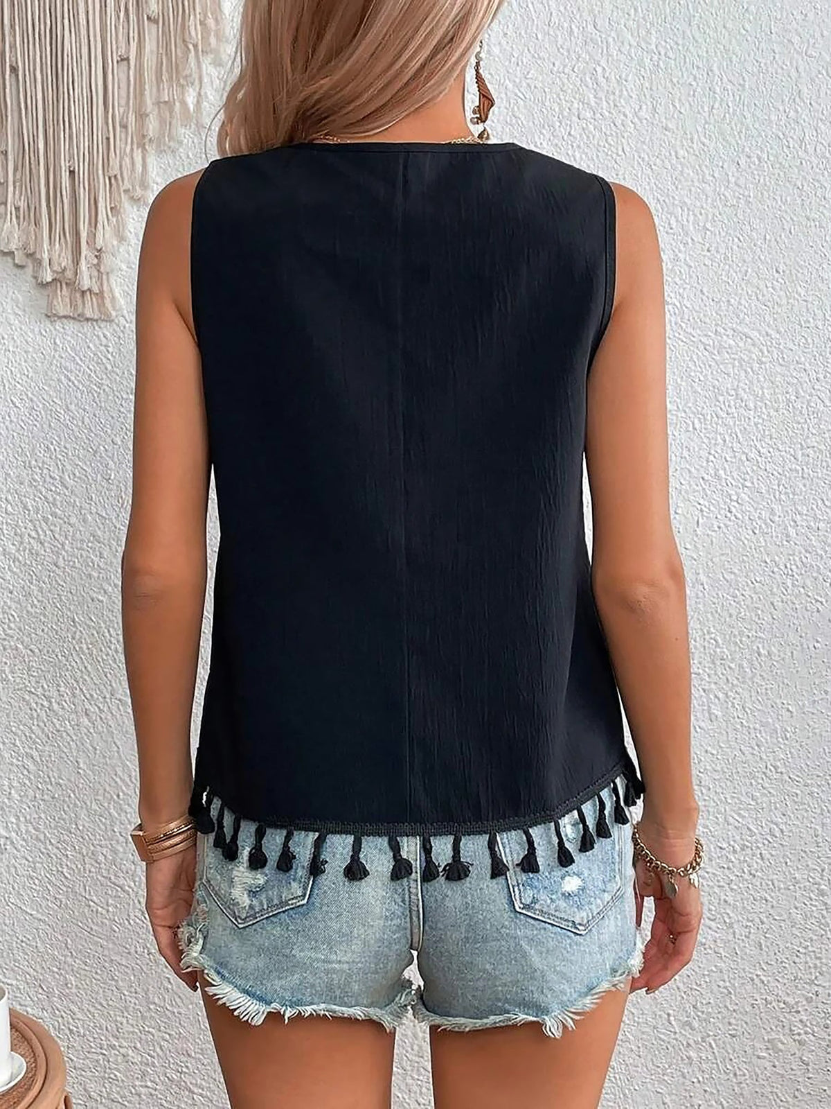 Boho Embroidered Tassled Sleeveless Blouse