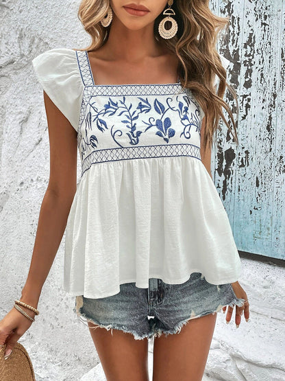 Embroidered Floral Cap Sleeves Babydoll Blouse