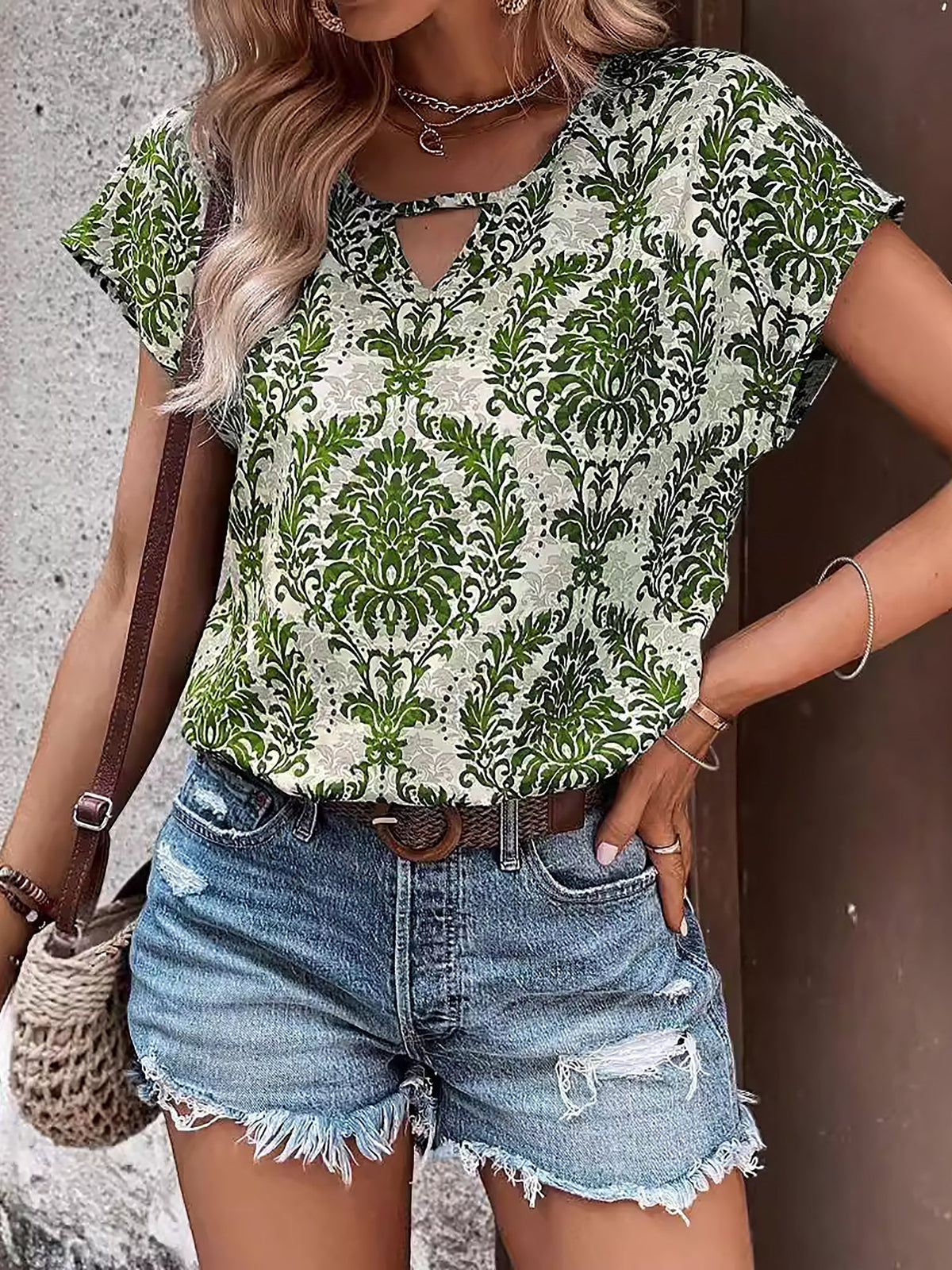 Boho Printed V Neck Short Sleeve Casual Blouse