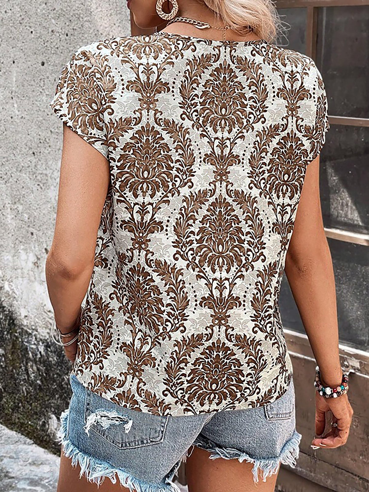 Boho Printed V Neck Short Sleeve Casual Blouse