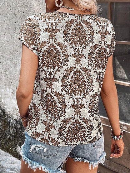 Boho Printed V Neck Short Sleeve Casual Blouse