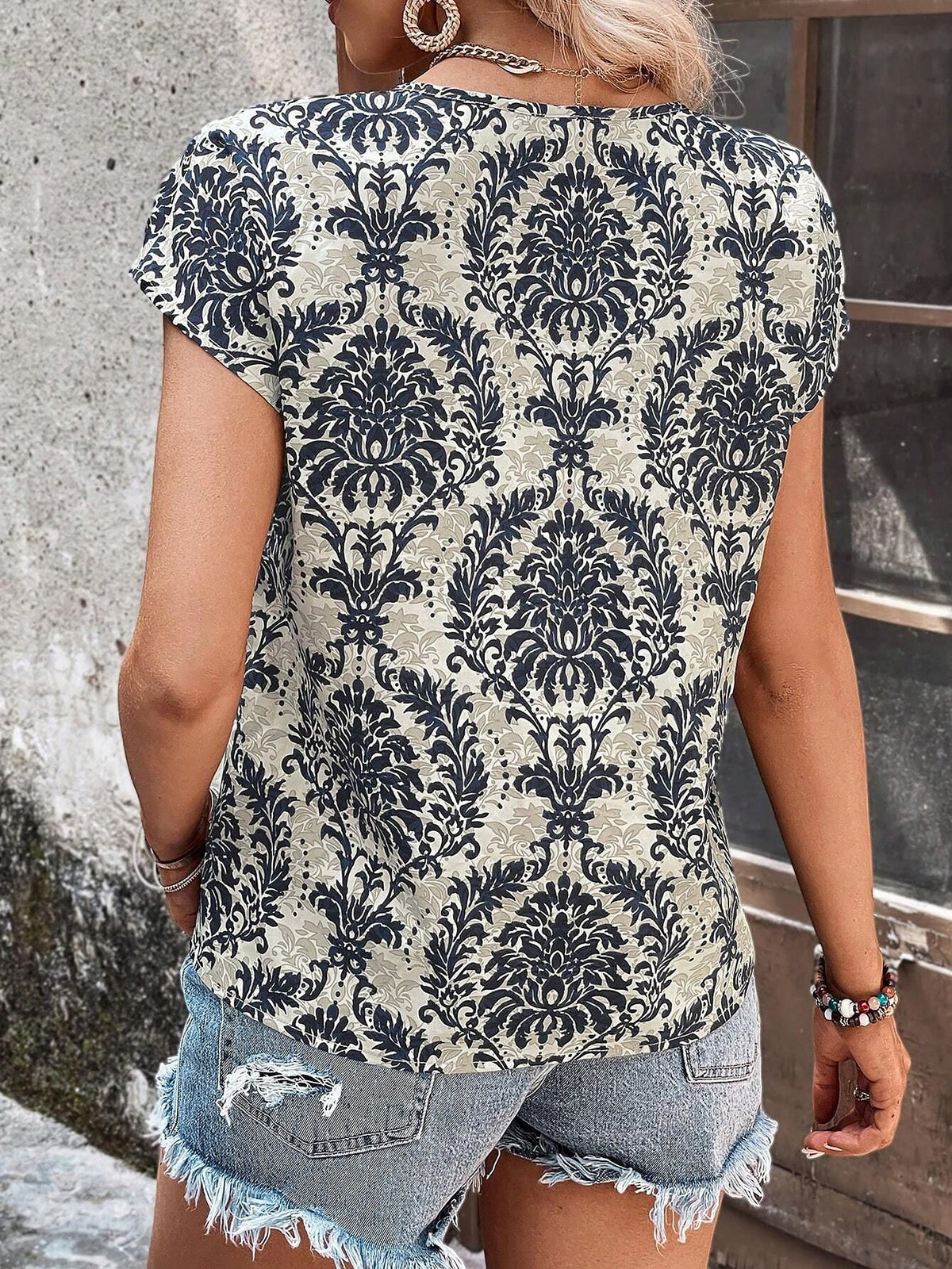 Boho Printed V Neck Short Sleeve Casual Blouse