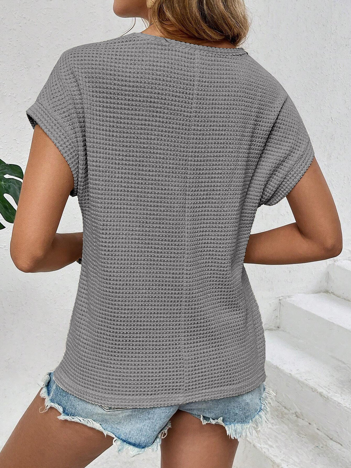 Round Neck Short Sleeves Eyelet Casual Blouse