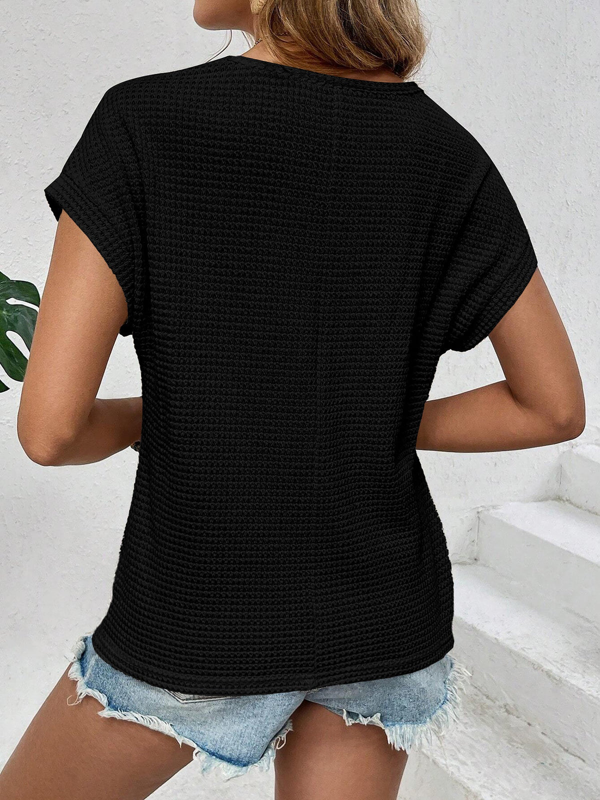 Round Neck Short Sleeves Eyelet Casual Blouse