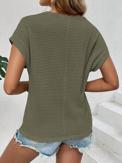 Round Neck Short Sleeves Eyelet Casual Blouse