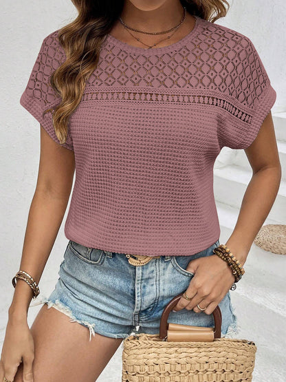 Round Neck Short Sleeves Eyelet Casual Blouse
