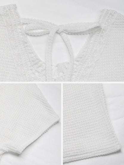V Neck Short Sleeves Back Lace Decor Blouse