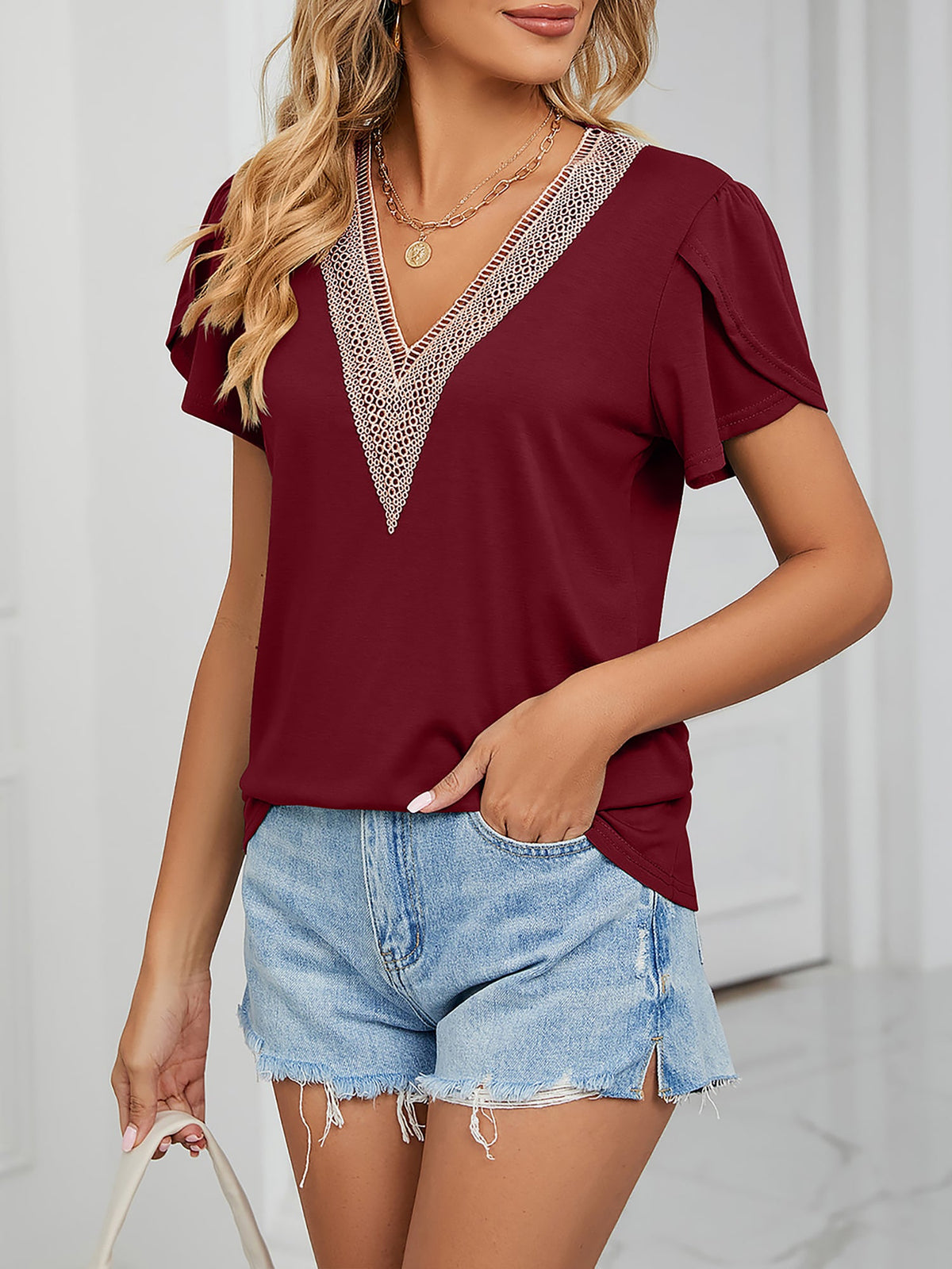 Lace Trim V Neck Short Sleeves Casual Blouse