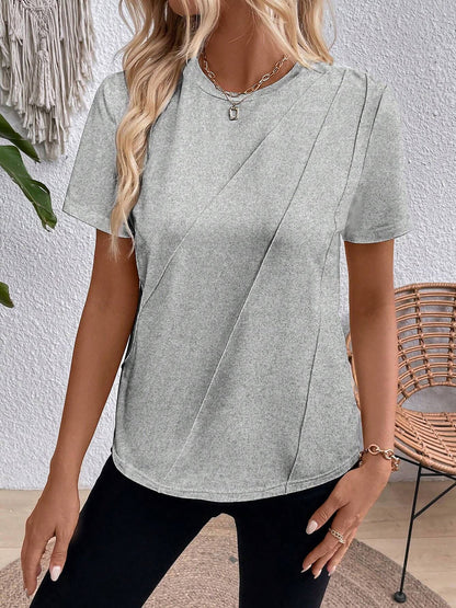 Solid Color Round Neck Short Sleeve Blouse