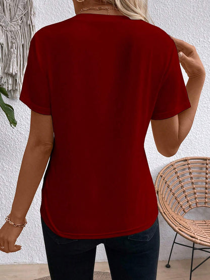 Solid Color Round Neck Short Sleeve Blouse