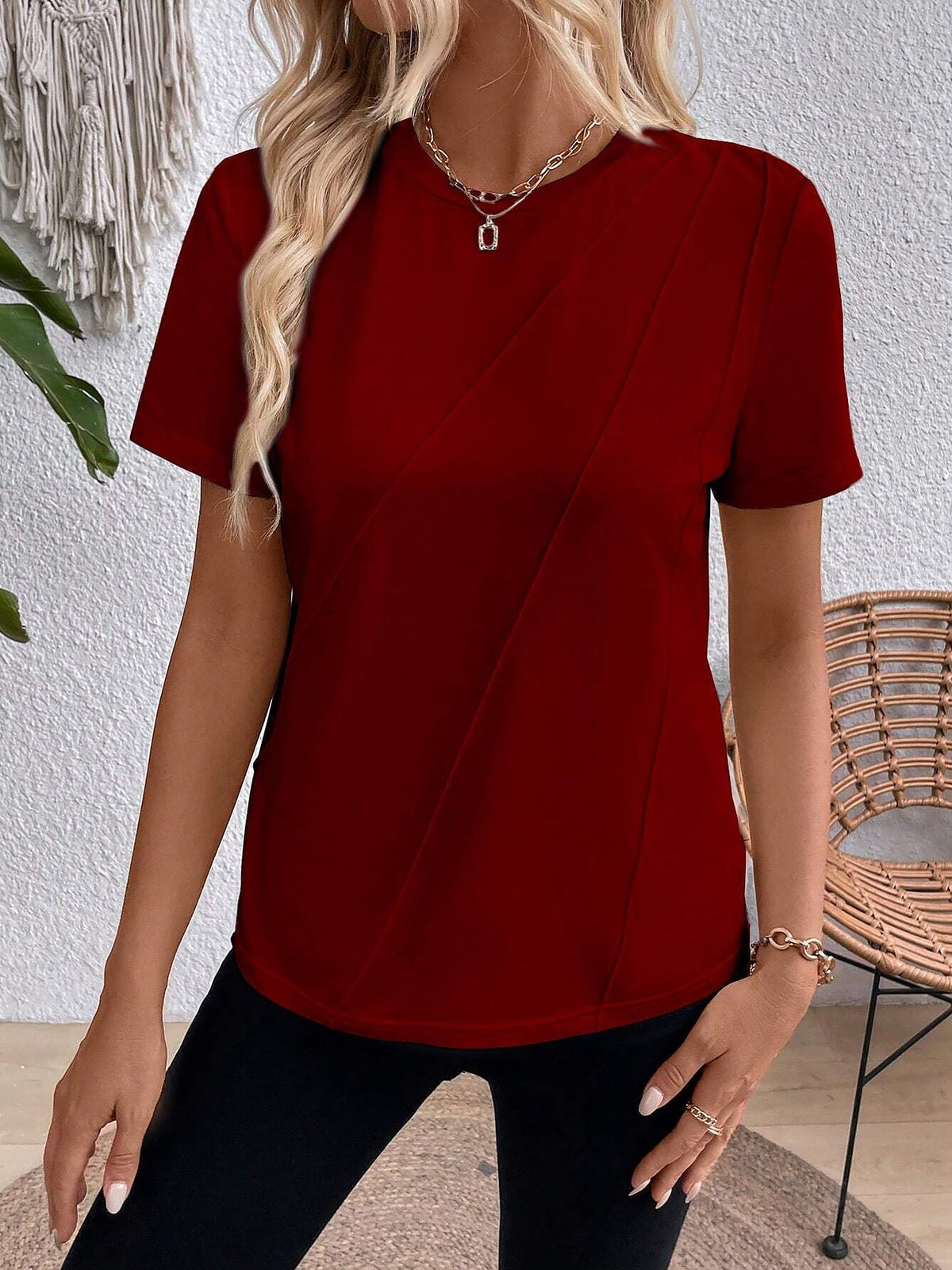 Solid Color Round Neck Short Sleeve Blouse