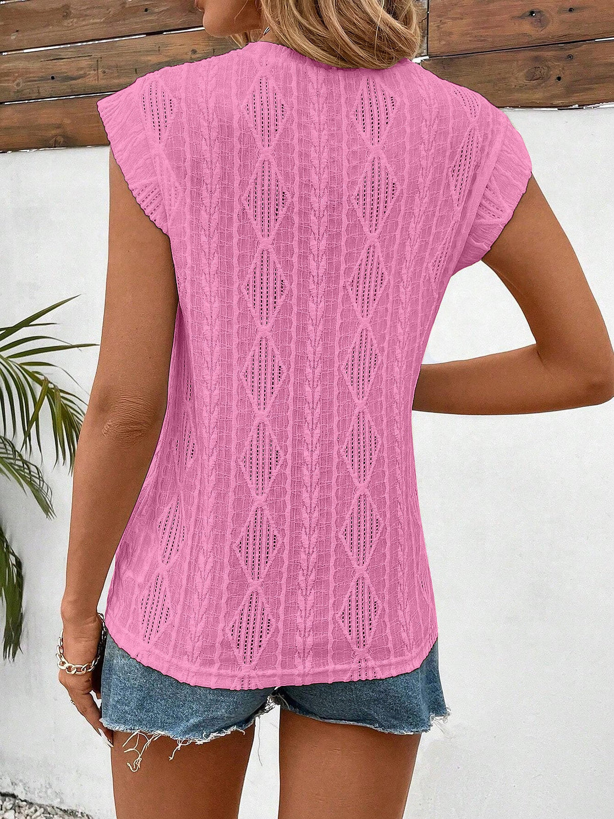 Round Neck Cap Sleeve Texture Casual Blouse