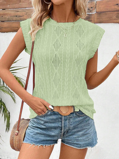 Round Neck Cap Sleeve Texture Casual Blouse