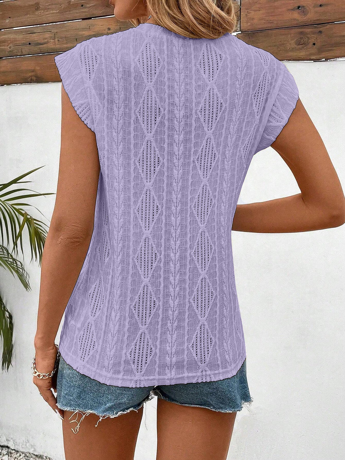 Round Neck Cap Sleeve Texture Casual Blouse