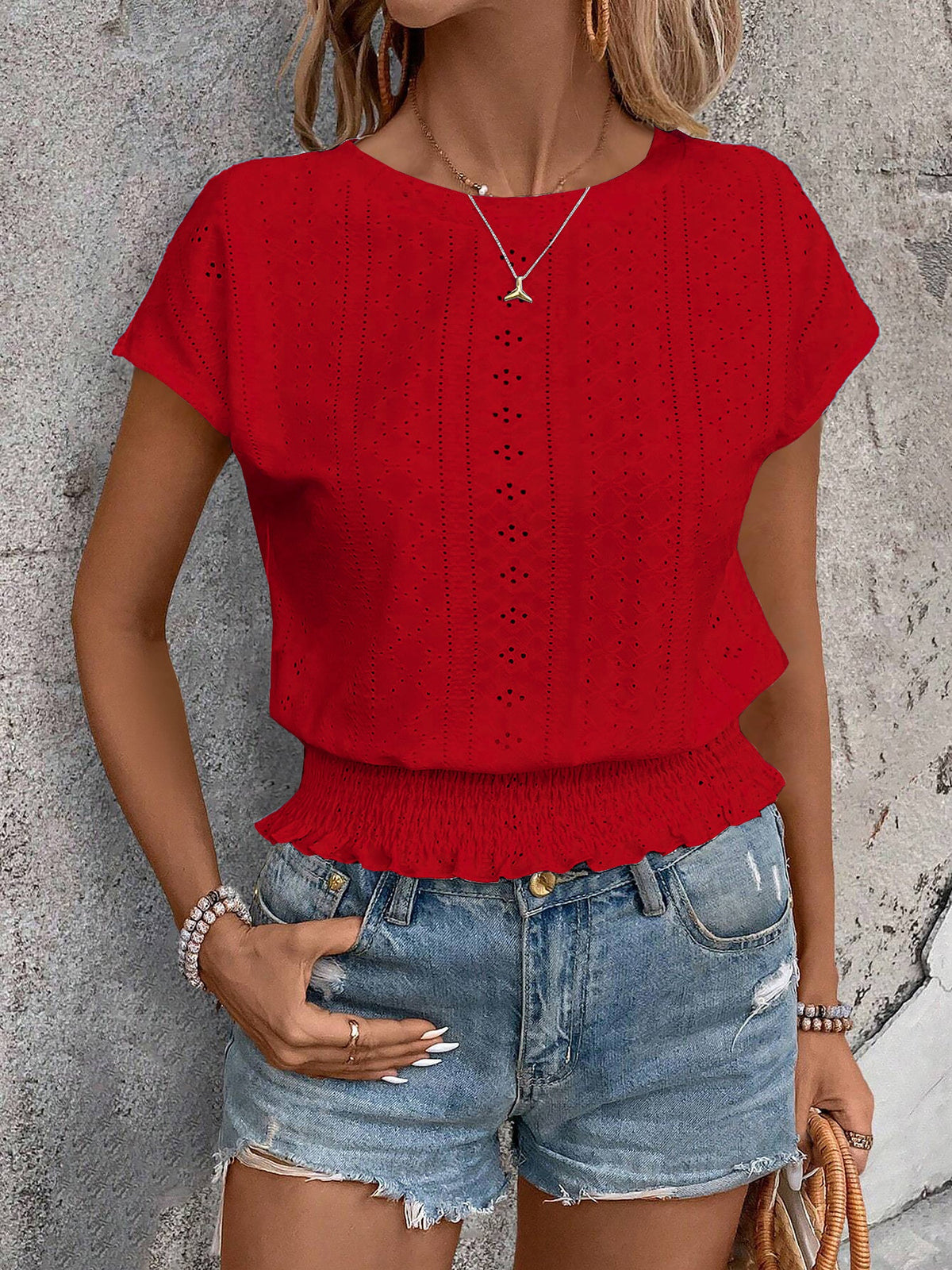 Round Neck Short Sleeve Eyelet Smocked Blouse