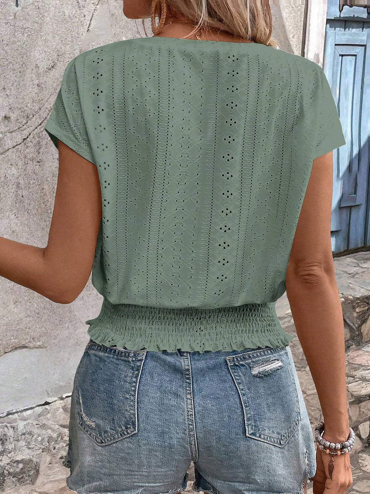 Round Neck Short Sleeve Eyelet Smocked Blouse