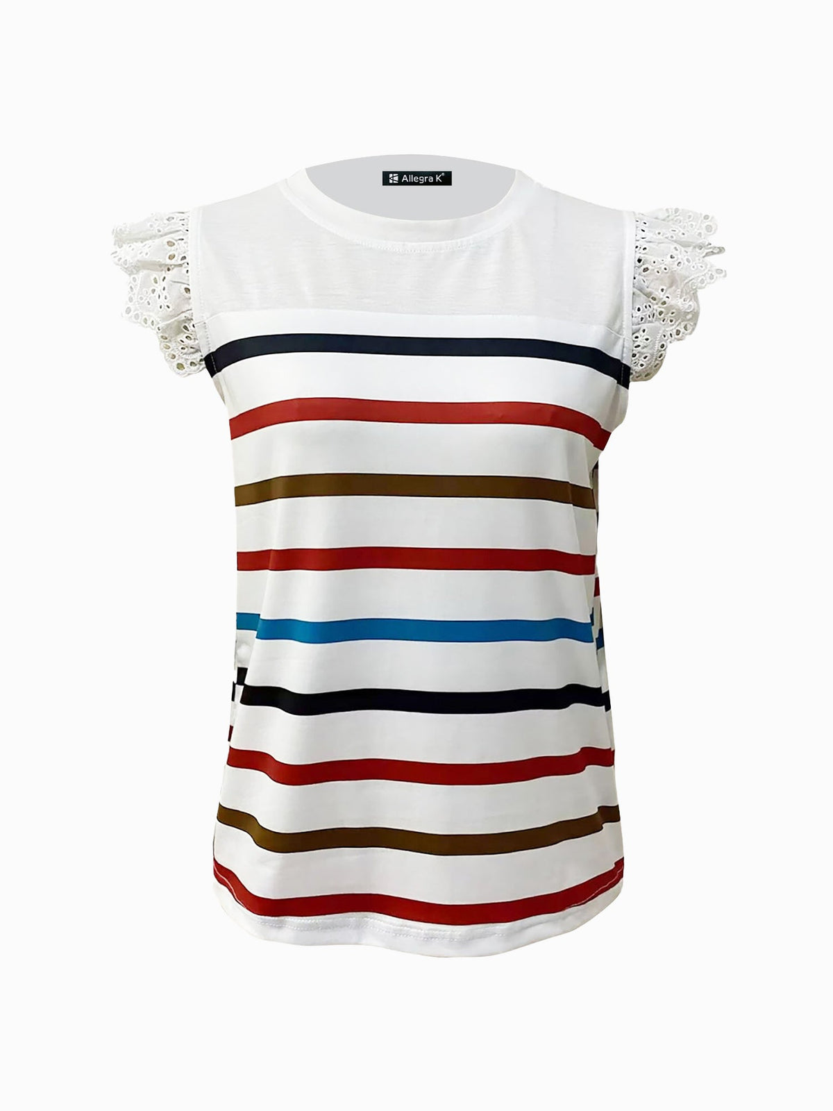 Eyelet Ruffled Cap Sleeve Striped Blouse