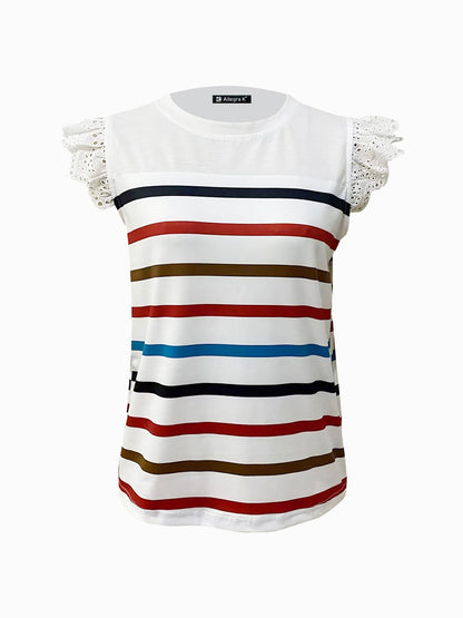 Eyelet Ruffled Cap Sleeve Striped Blouse