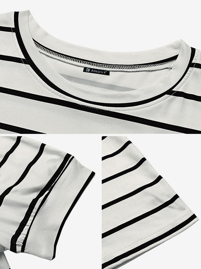 Striped Round Neck Puff Short Sleeves Blouse