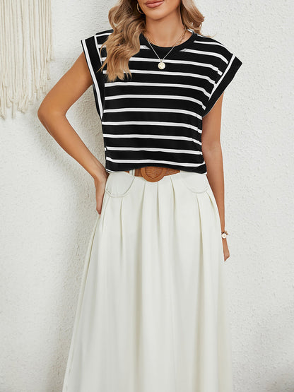 Round Neck Cap Sleeves Striped Casual Blouse