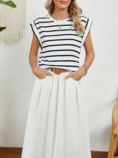 Round Neck Cap Sleeves Striped Casual Blouse