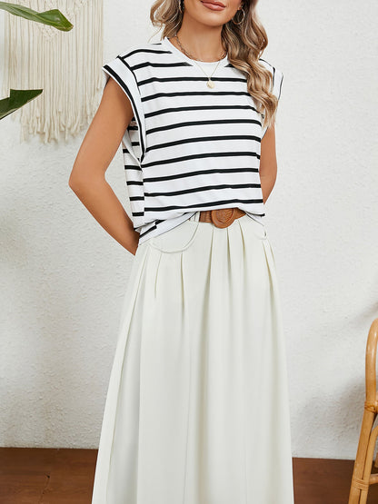 Round Neck Cap Sleeves Striped Casual Blouse