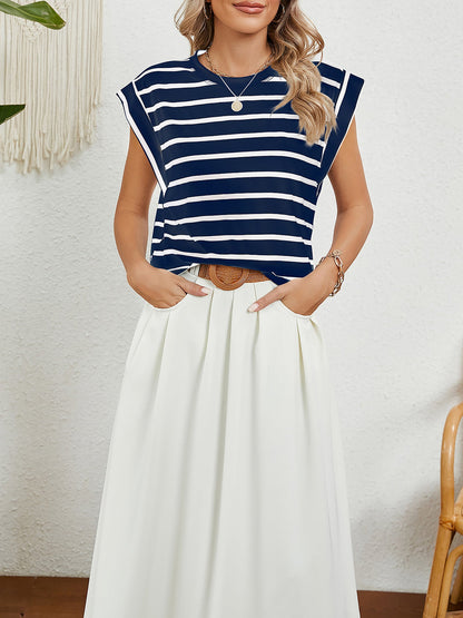 Round Neck Cap Sleeves Striped Casual Blouse