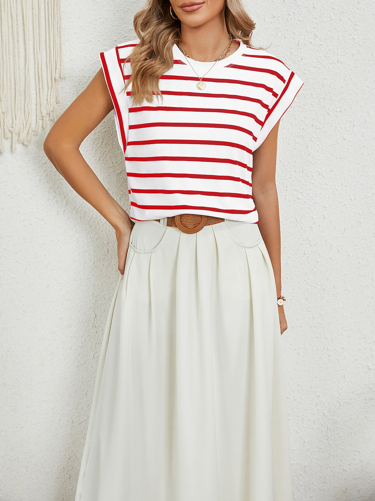 Round Neck Cap Sleeves Striped Casual Blouse