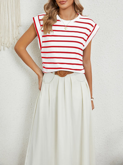 Round Neck Cap Sleeves Striped Casual Blouse