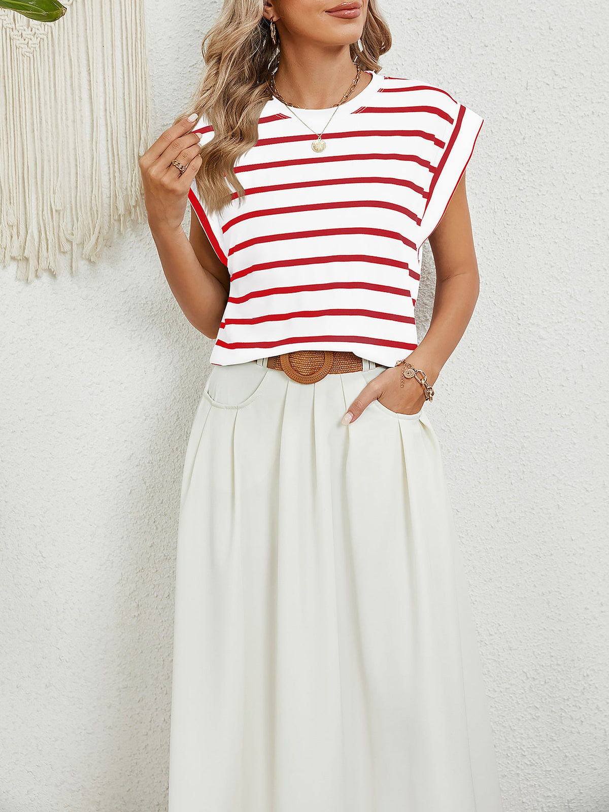Round Neck Cap Sleeves Striped Casual Blouse