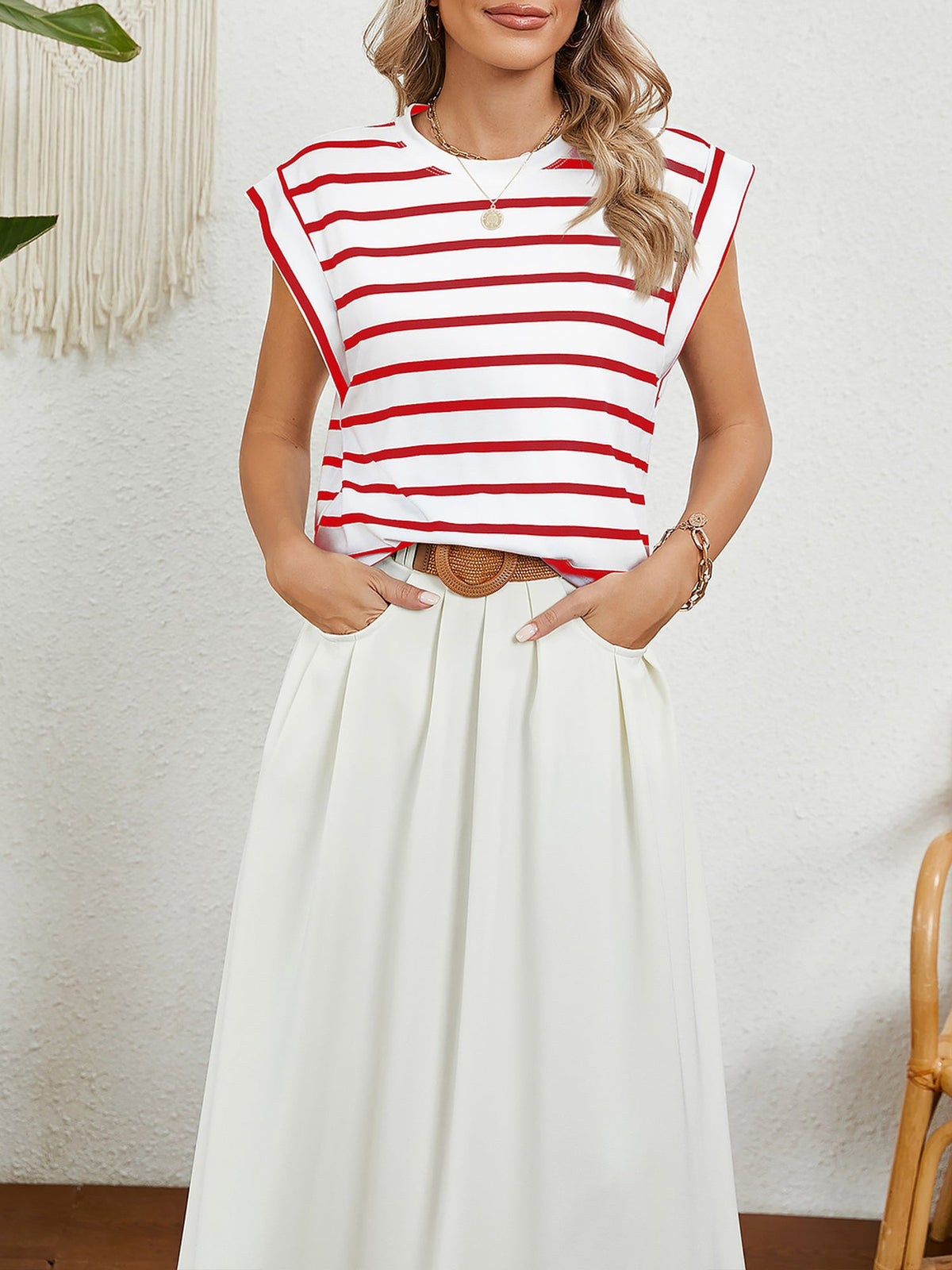 Round Neck Cap Sleeves Striped Casual Blouse