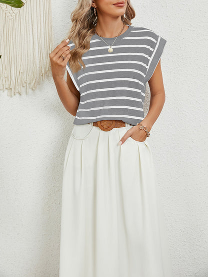 Round Neck Cap Sleeves Striped Casual Blouse