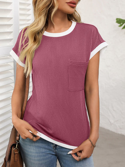 Round Neck Short Sleeves Colorblock Textured Blouse
