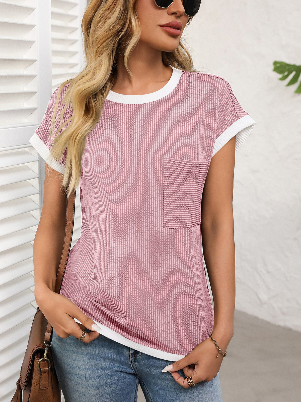 Round Neck Short Sleeves Colorblock Textured Blouse