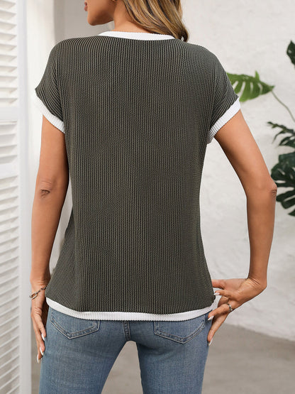 Round Neck Short Sleeves Colorblock Textured Blouse