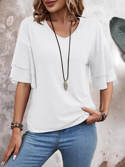 Solid Color V Neck Layered Sleeve Casual Blouse