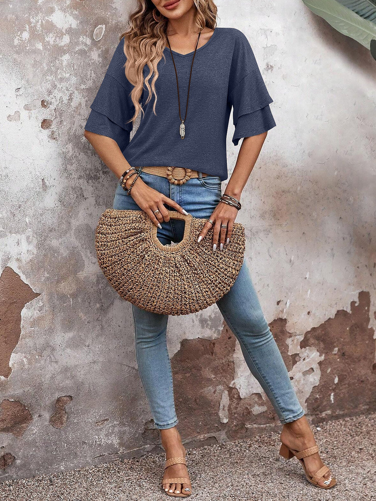 Solid Color V Neck Layered Sleeve Casual Blouse