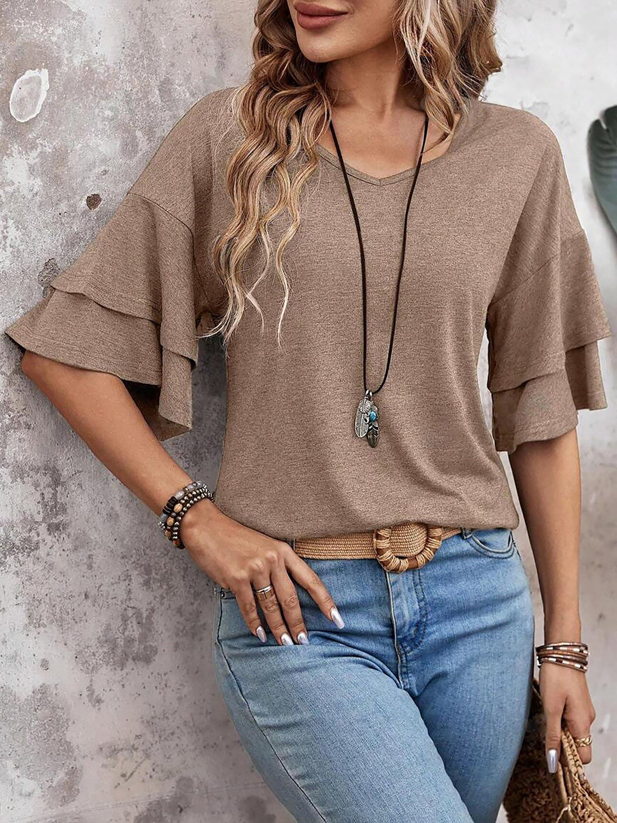 Solid Color V Neck Layered Sleeve Casual Blouse