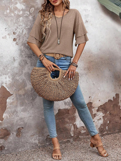 Solid Color V Neck Layered Sleeve Casual Blouse