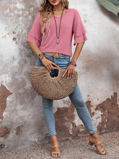 Solid Color V Neck Layered Sleeve Casual Blouse
