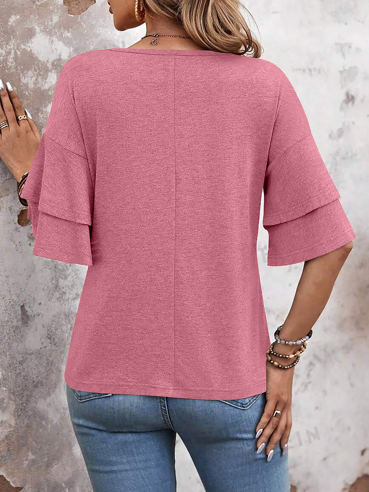 Solid Color V Neck Layered Sleeve Casual Blouse