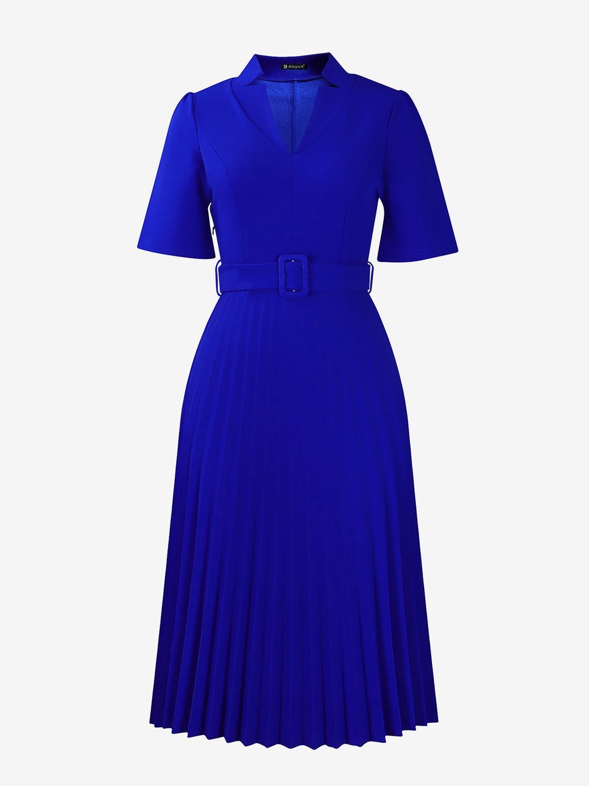 Short Sleeve Belted Pleated Work Midi Dress Professional Office Style Cinched Waist and Flared Pleats