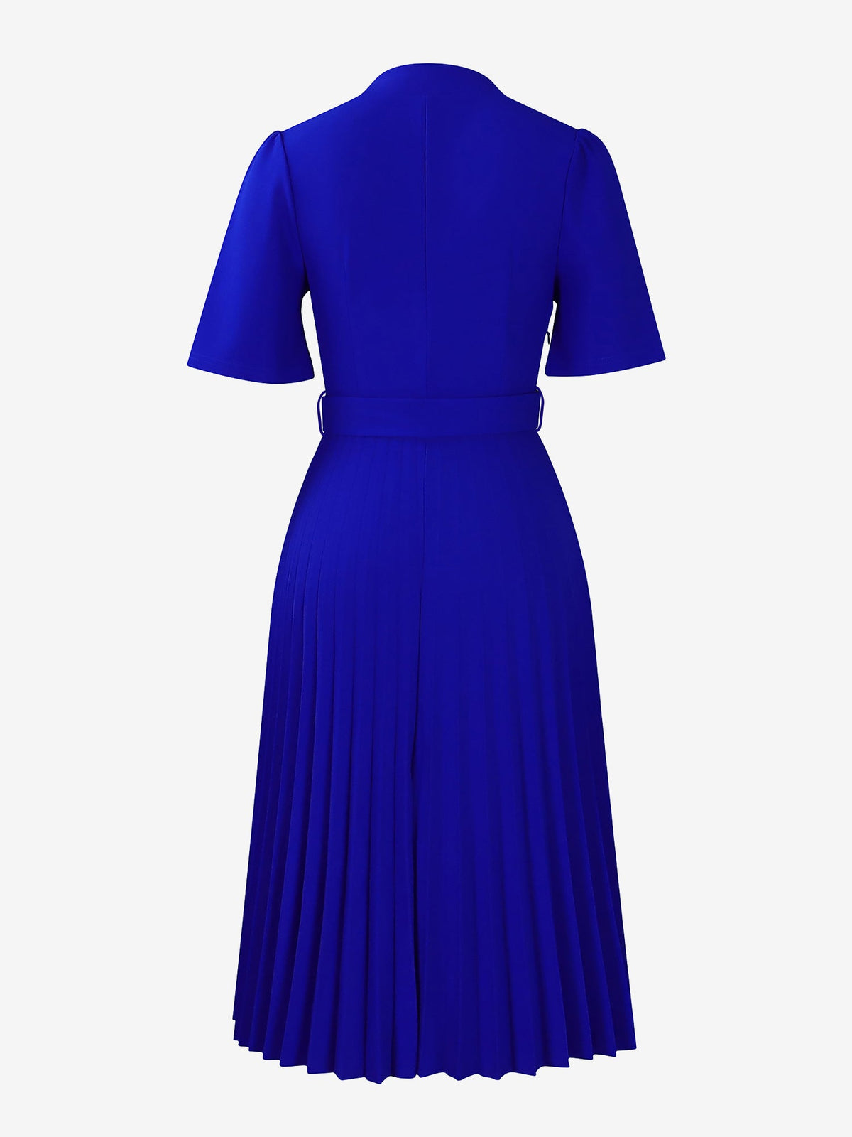 Short Sleeve Belted Pleated Work Midi Dress Professional Office Style Cinched Waist and Flared Pleats
