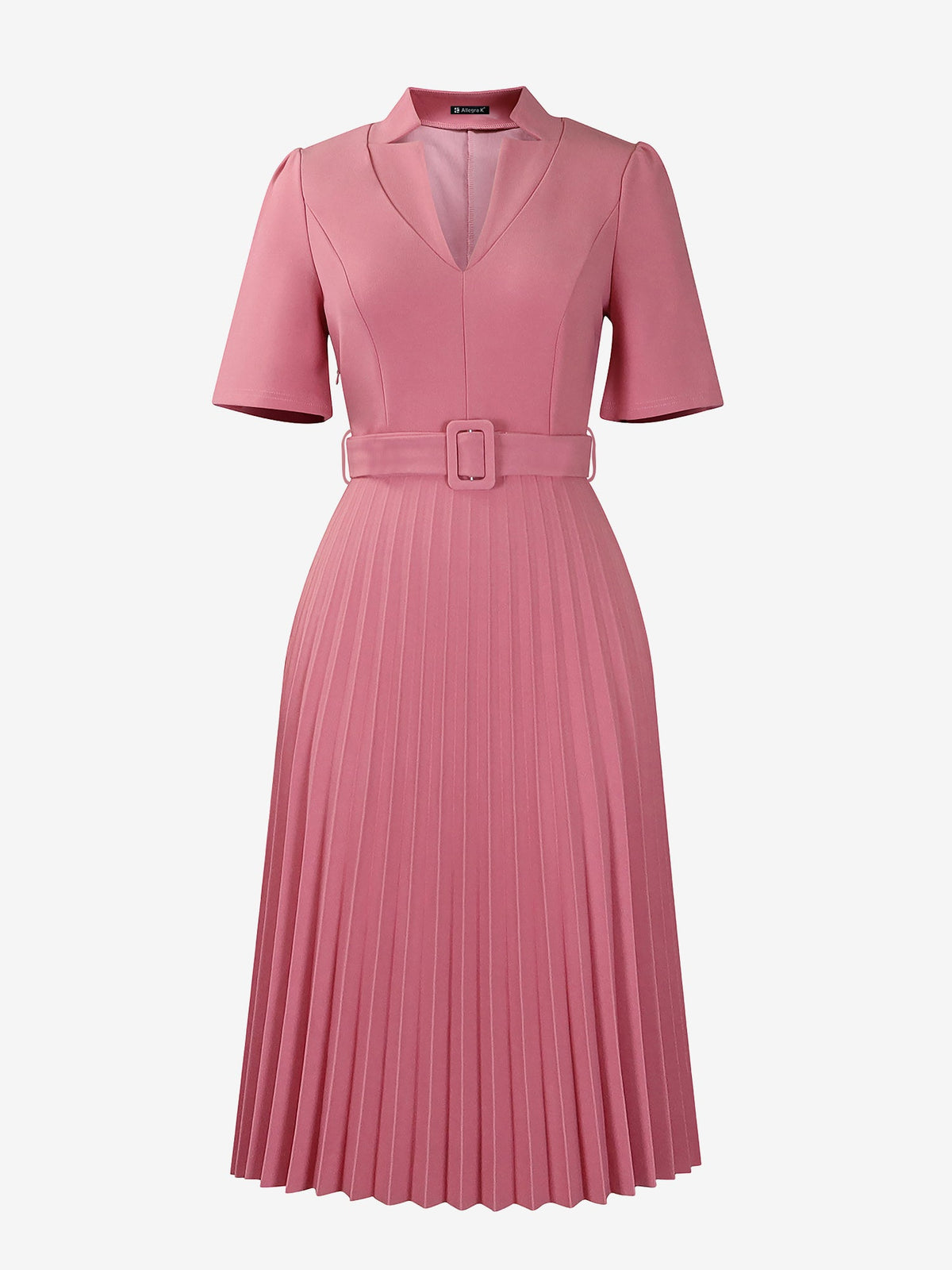 Short Sleeve Belted Pleated Work Midi Dress Professional Office Style Cinched Waist and Flared Pleats
