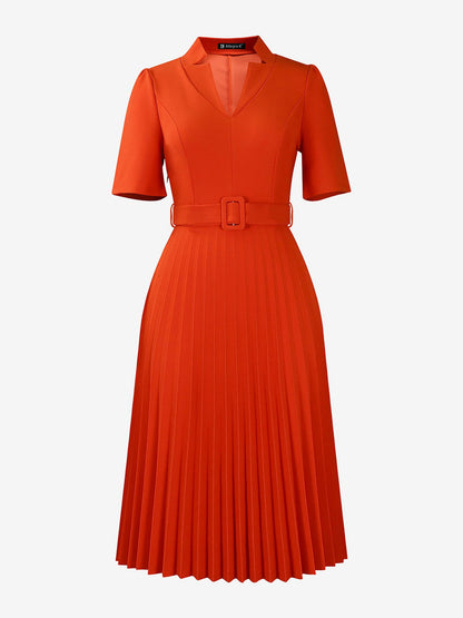 Short Sleeve Belted Pleated Work Midi Dress Professional Office Style Cinched Waist and Flared Pleats