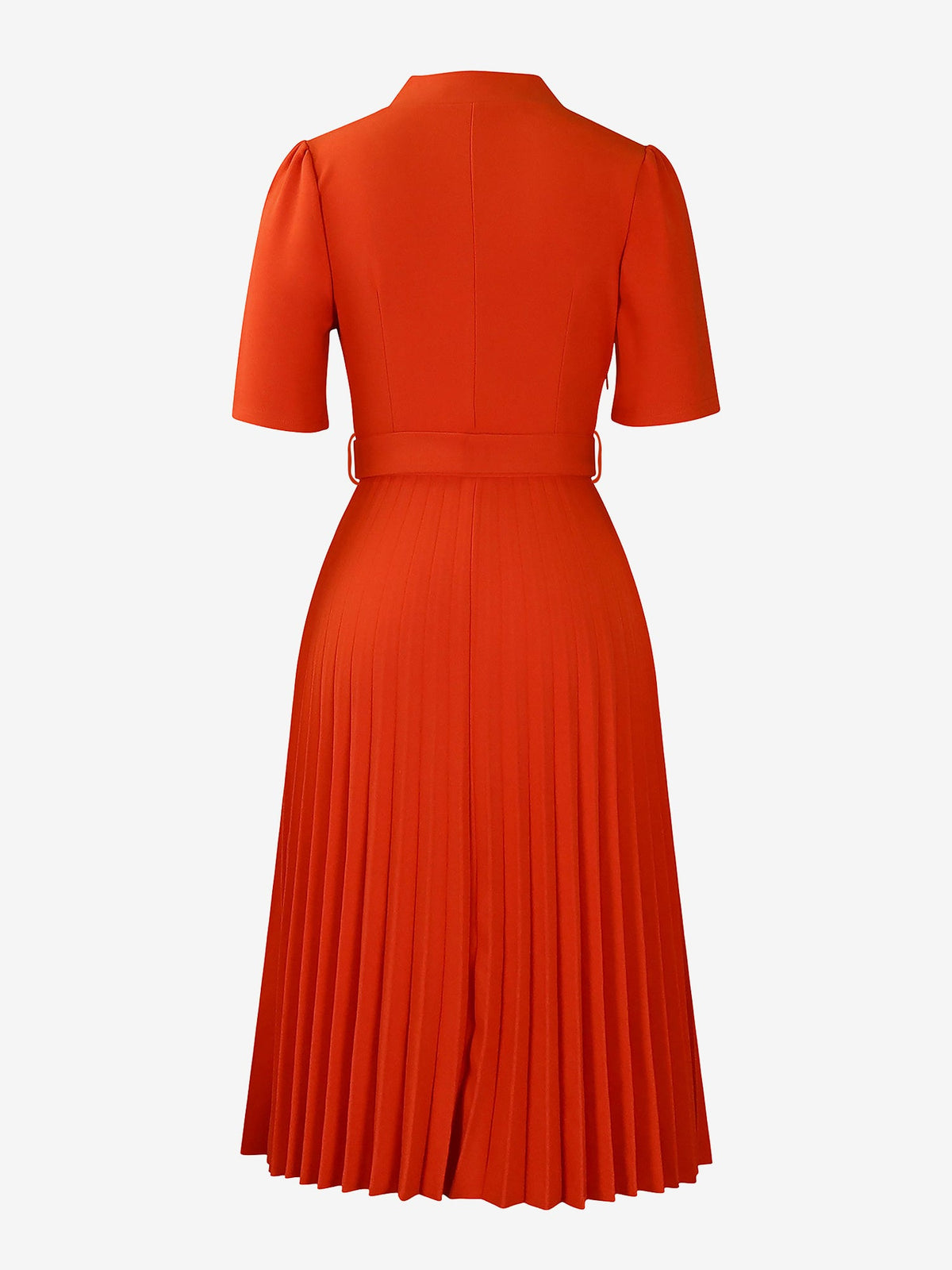 Short Sleeve Belted Pleated Work Midi Dress Professional Office Style Cinched Waist and Flared Pleats