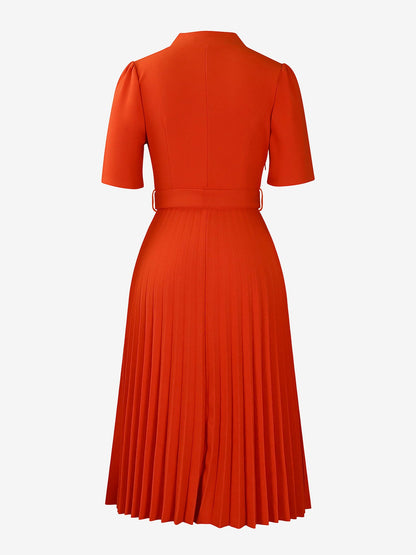 Short Sleeve Belted Pleated Work Midi Dress Professional Office Style Cinched Waist and Flared Pleats