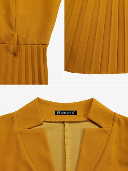 Short Sleeve Belted Pleated Work Midi Dress Professional Office Style Cinched Waist and Flared Pleats