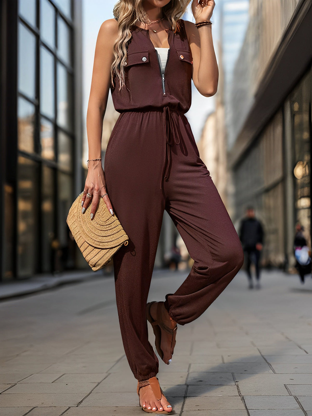 All-in-One with Utility Pockets & Adjustable Waist Sleeveless Zipper Drawstring Waist Pocketed Jumpsuits